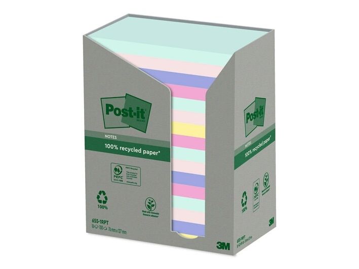 Post-it Sticky Notes Recycling, 76 x 127 mm, ass. farver, pakke a 16 stk