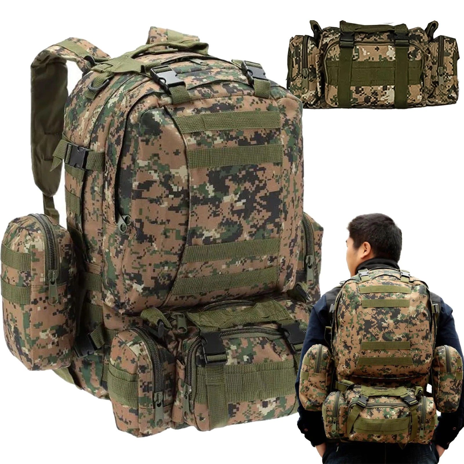 Extralink MILITARY Kuprin SZKOLNY PODRÓNY TAKTYCZNY 4W1 WOJSKOWY Turistinis SURVIVAL 50L MIL-668, Ydre ramme, Tilbage, Vandring, Vandring, Grøn, Moro / Camouflage / Green camouflage, Voksen