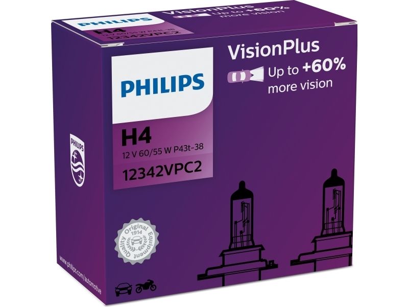 Philips VisionPlus 12972VPC2 Større sikkerhed og komfort, 55 W, 12 V, H7, Halogen, 2 stk