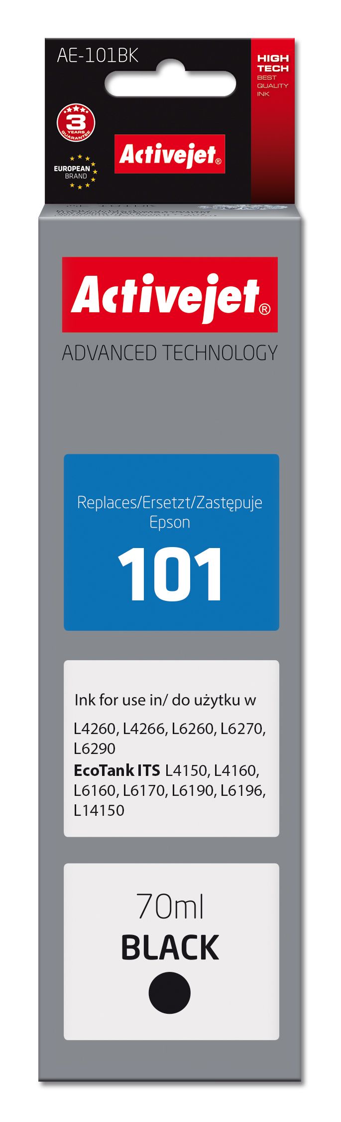 Activejet Ink Ae-101Bk Blækflaske Til Epson-Printer, Erstatning For Epson 101 Supreme 70 Ml Sort, Sort, Farvebaseret Blæk, 70 Ml, 1 Stk, Enkelt Pakke