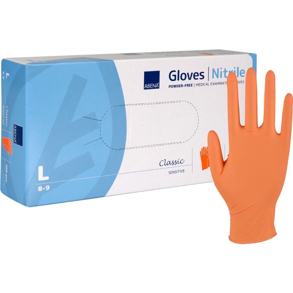 Undersøgelseshandske, ABENA Classic Sensitive, L, orange, nitril, pudderfri - (100 stk.)