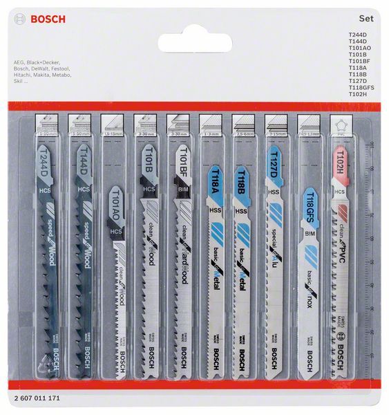 Bosch - Stiksavsklingesæt - For Træ, Metal, Polyvinylklorid (Pvc) - 10 Stykker - T-Skaft