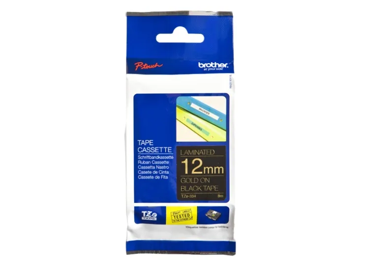 Brother TZe-334 - Standardlim - guld på svart - Rulle (1,2 cm x 8 m) 1 kassett(er) bandlaminat - för Brother PT-D210, D600, H110 P-Touch PT-1005, 1880, H110, P900 P-Touch Cube Plus PT-P710 | Papper & Emballage - Förpackning - Etiketter och märkning | GameStuff