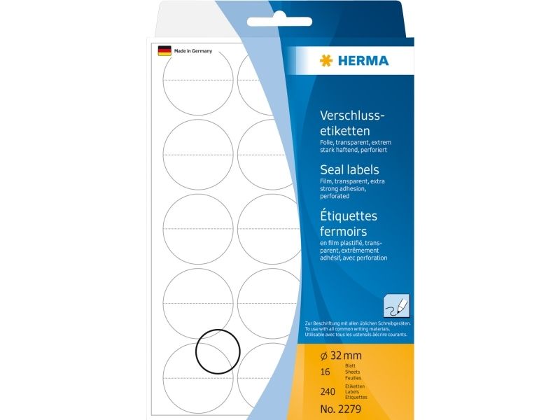 HERMA - Selv-klæbende - gennemsigtig - 32 mm rund 240 etikette(r) (16 ark x 15) sikkerheds-/forseglingsmærkater