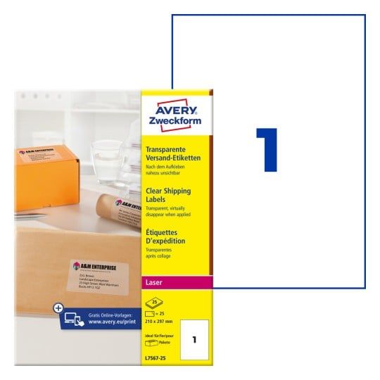 Etiketter Avery, 210x297mm (A4) QuickPEEL™, transparent - (25 ark)