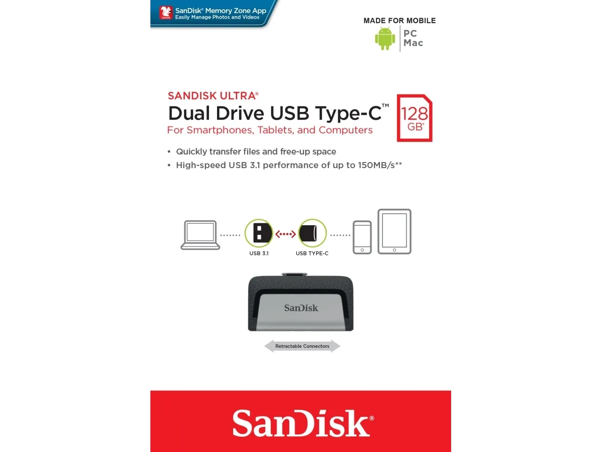 Produktfoto för SanDisk USB-Minne, Ultra Dual Drive USB typ C-flashenhet på 128 GB, svart/silver