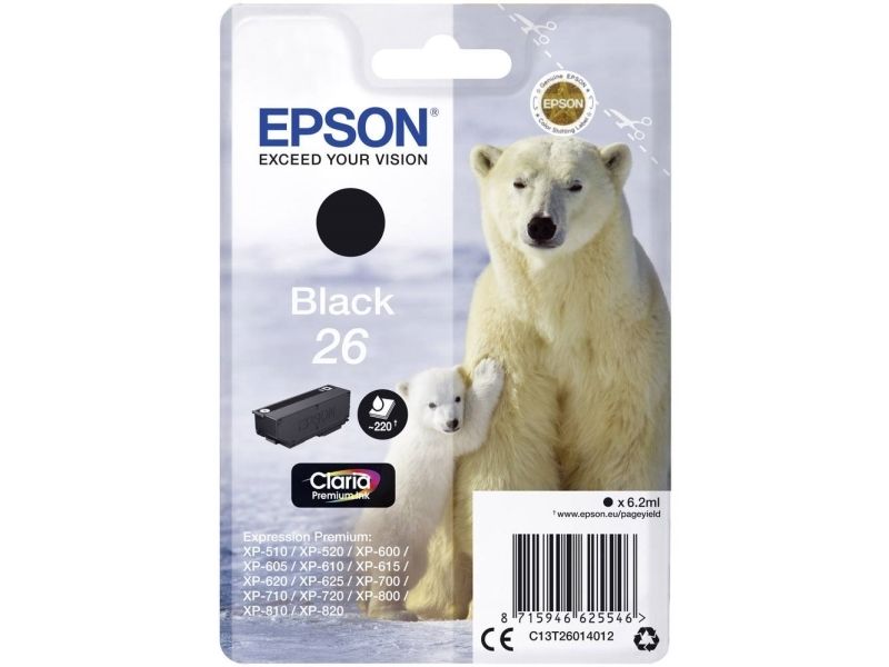 Epson 26 - 6.2 Ml - Sort - Original - Blækpatron - For Expression Premium Xp-510, 520, 600, 605, 610, 615, 620, 625, 700, 710, 720, 800, 810, 820