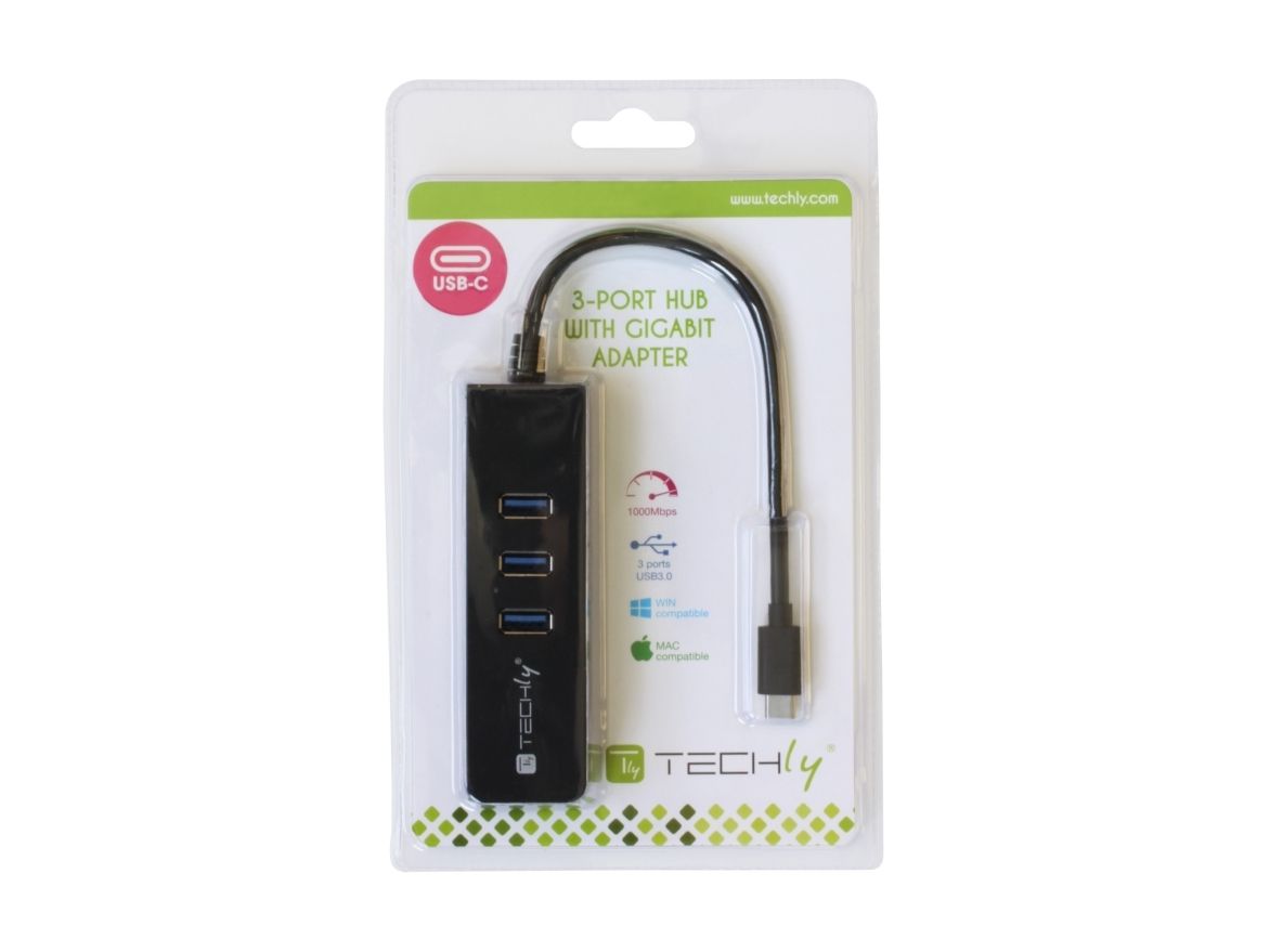 Techly Usb3.0 Gigabit Ethernet Adapter Converter With 3-Port Hub - Netværksadapter - Usb 3.0 - Gigabit Ethernet X 1 + Usb 3.0 X 3 - Sort