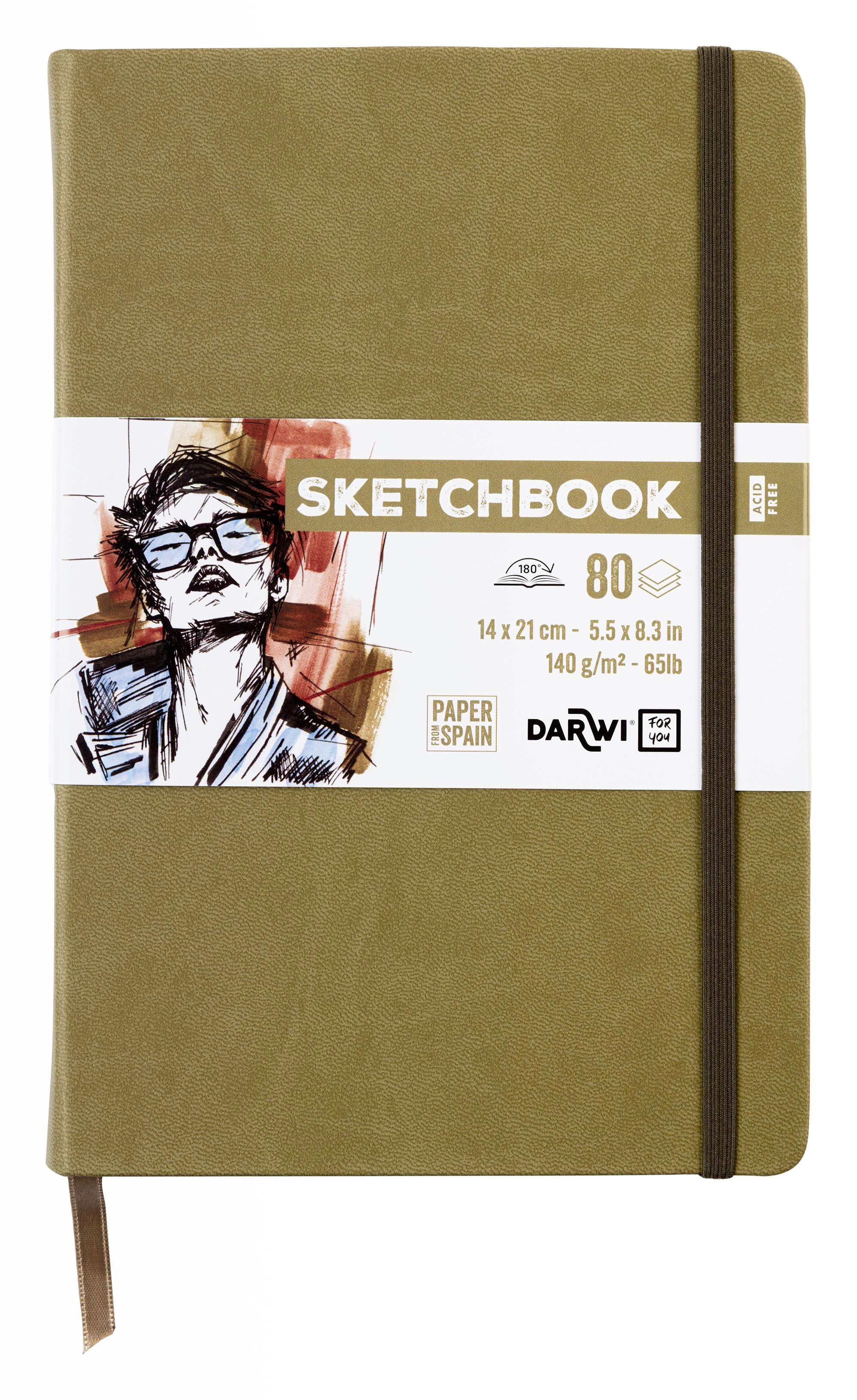 Darwi Skizzenbuch, Khaki/Grüner Einband A5 (14X21cm) 80 Blatt Weißes, 140G Schweres Skizzenpapier, Kunstledereinband, Gummiverschluss Und Lesezeichen