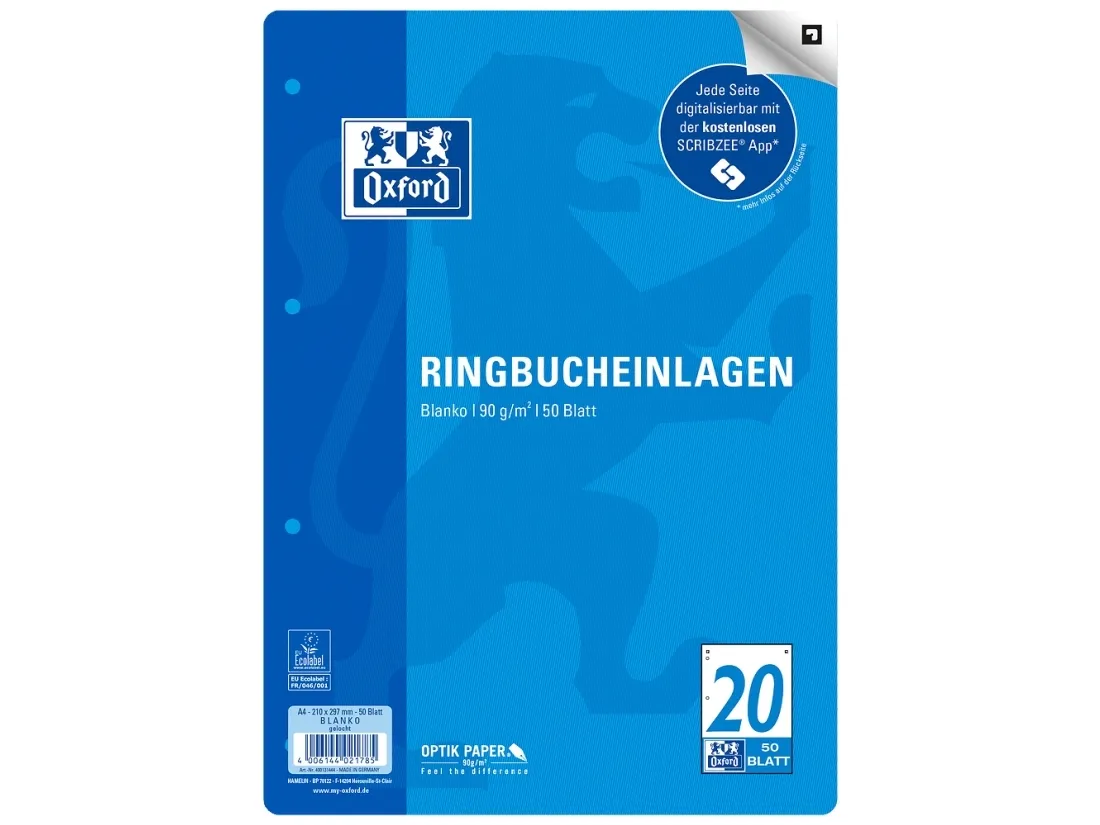Oxford 400131444, 210 x 297 mm (A4), Linieret papir, 90 g/m2, Hvid, 210 mm, 297 mm