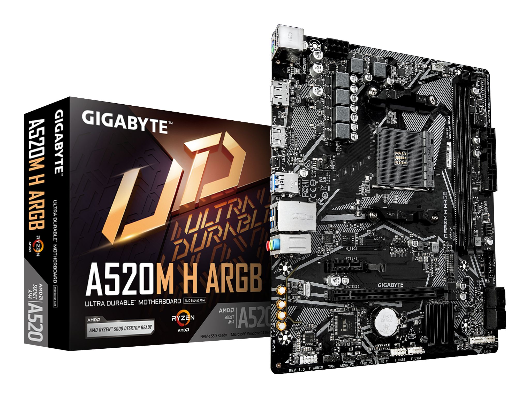 Gigabyte A520m H Argb Mainboard – Unterstützt Amd Ryzen 5000 Prozessoren, Bis Zu 5100 Mhz Ddr4 (Oc), Pcie 3.0 X4 M.2, 1-Gbe-Lan, Usb 3.2 Gen 1, Amd,