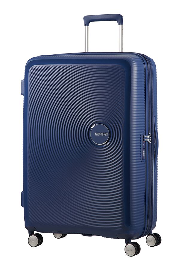 American Tourister Soundbox, Spinner, Blå, 4 Hjul, Roterende Hjul, Lynlås, Lynlås
