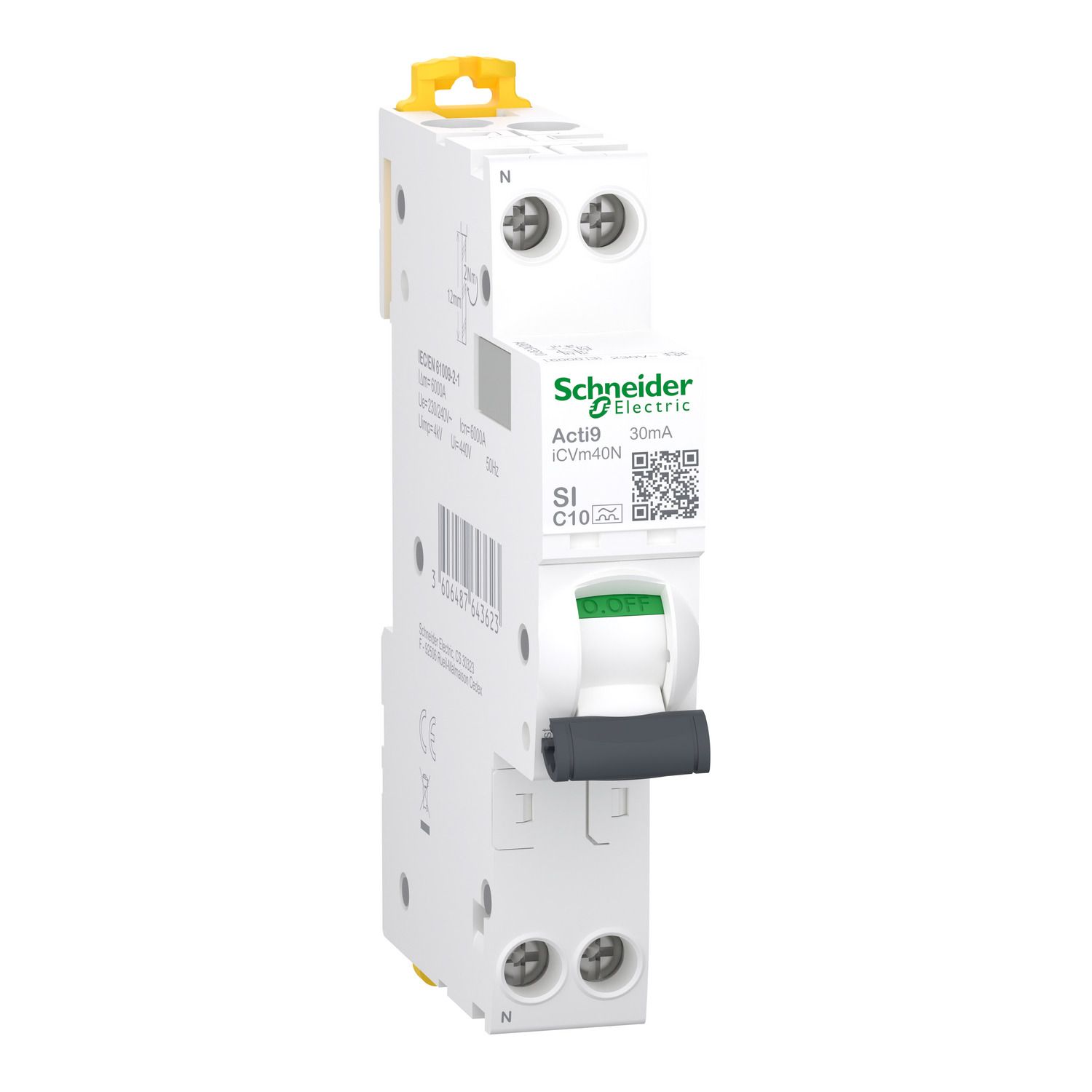 Schneider Electric FI/LS Acti9 iCVm40N, Residual-current device with overcurrent protection (RCBO), Type C, 6000 A, IP20, IP40