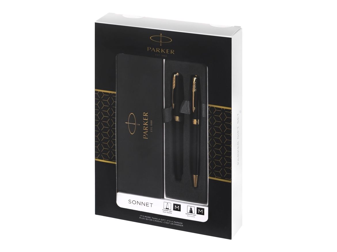 Parker SONNET, Svart, Guld, 2 styck, Kulspetspenna + reservoarpenna | Skrivredskap - Kulspetspennor & Reservoarpennor - Kulspetspennor utan tryckknapp | GameStuff