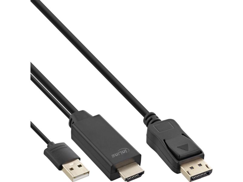 Inline Hdmi Zu Displayport Konverter Kabel, 4K, Schwarz/Gold, 5M, 5 M, Displayport, Hdmi + Usb, Stecker, Stecker, Gerade