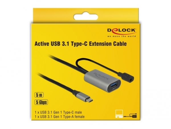 Delock - Usb Forlængerkabel - Usb-C (Han) Til Power Dc Jack, Usb Type A (Hun) - Usb 3.1 Gen 1 - 5 M - Grå, Sort