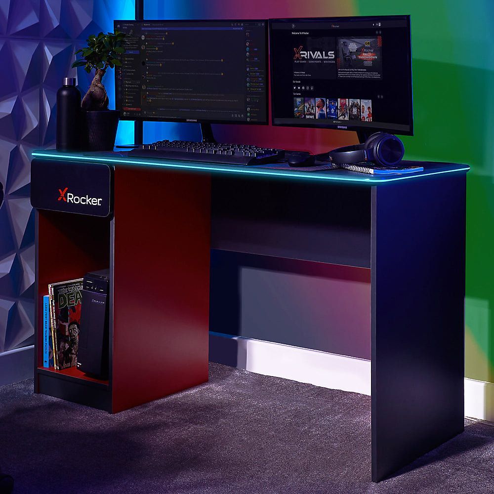 X Rocker Carbon-Tek gaming-skrivebord med LED-belysning og trådløs opladningsplade - grå/rød