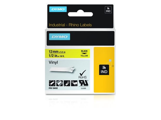 Dymo Rhino Coloured Vinyl - Vinyl - Permanent Klæbemiddel - Hvid På Sort - Rulle (1,2 Cm X 5,5 M) 1 Kassette Tape - For Dymo Ilp219 Rhino 4200, 5