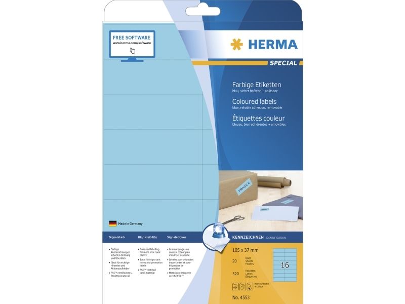 Herma 4553, Blå, Rektandel, A4, Universel, Mat, Laser/Inkjet