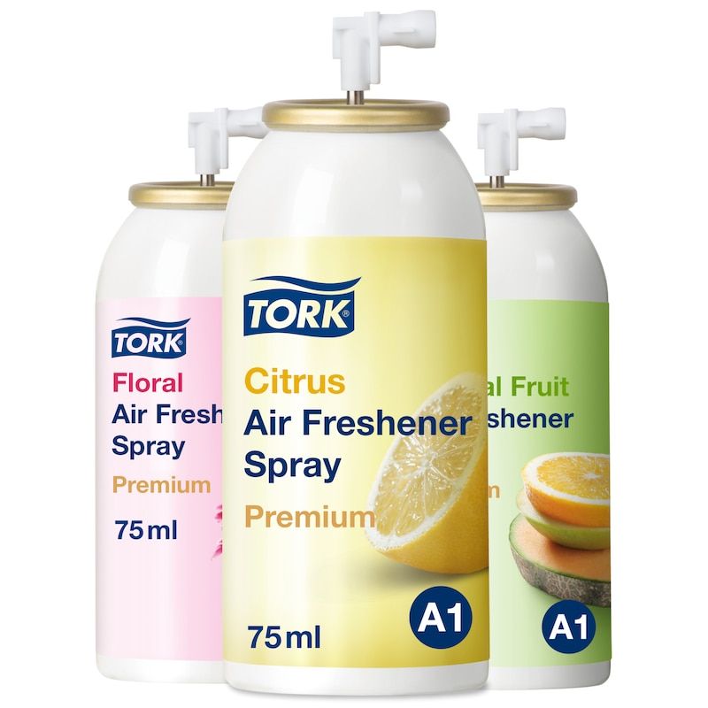 Tork Airfreshener Spray 75 ml. A1. - Flere dufte - 12 x Blandet Dufte (4 x blomst, 4 x Citrus, 4 x Tropical fruit) A1 | Luftfrisker | DISCOUNT | Tork