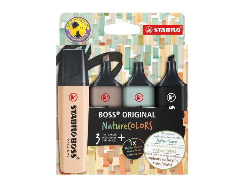 STABILO BOSS ORIGINAL NatureColors, 4 stk, Beige, Sort, Grøn, Lys grå, 18 År, Mejselspids, Flerfarvet, Plast