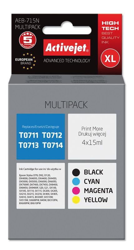 Activejet Aeb-715N Tintenpatrone (Ersatz Für Epson T0715 Höchste 4 X 15Ml Schwarz, Magenta, Cyan, Gelb), Hohe (Xl-) Ausbeute, Schwarz, Cyan, Magenta,