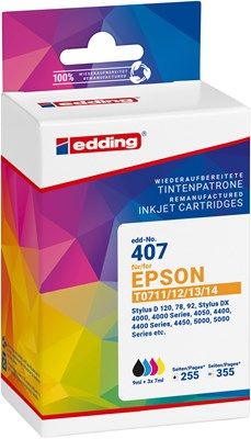Edding Edd-407 Tintenpatronen Multipack, Schwarz, Cyan, Magenta, Yellow Kompatibel Zu Epson T0711/T0712/T0713/T0714, Schwarz, Cyan, Magenta, Gelb, 9