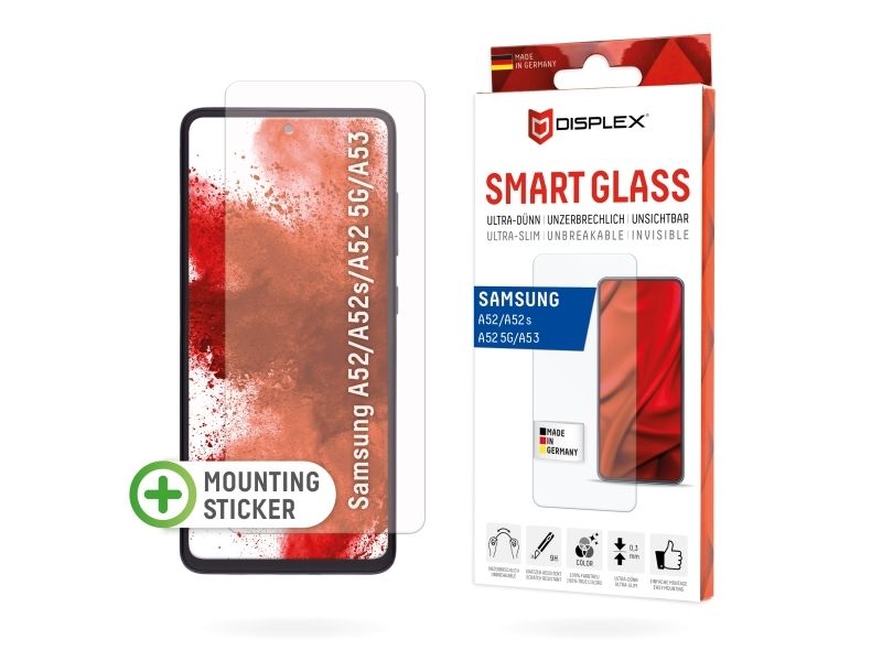 Displex Smart Glass (9H) Für Samsung Galaxy A52/A52(S) 5G/A53 5G, Montagesticker, Unzerbrechlich, Ultra-Dünn, Unsichtbar, Samsung, A52/A52s/A53, Troc