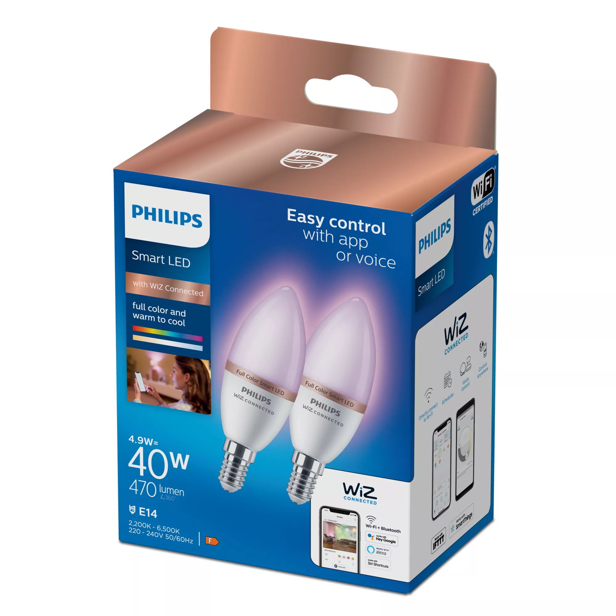 Philips Rgb C37, E14-Pære, 470 Lm, 2-Pak, Smart Pære, Wi-Fi/Bluetooth, Hvid, Wi-Fi 4 (802.11N), 802.11B, 802.11G, Led, E14