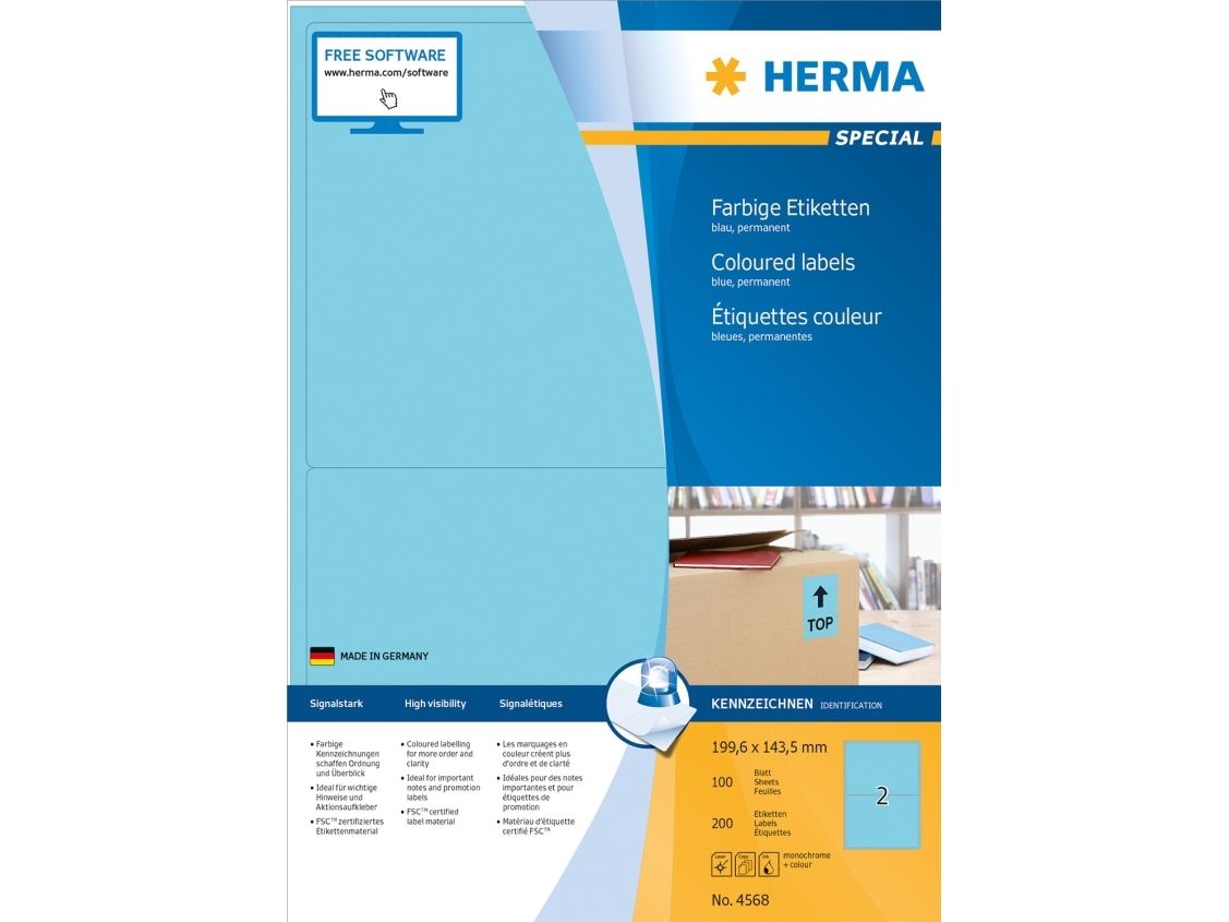 Herma 4568, Blå, Rektandel, A4, Universel, Mat, Laser/Inkjet