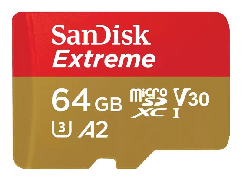 SanDisk Extreme - Flash-minneskort (microSDXC till SD-adapter inkluderad) - 64 GB - A2 / Video Class V30 / UHS-I U3 / Class10 - mikroSDXC UHS-I | Foto och video - Foto- & videotillbehör - Minneskort | GameStuff