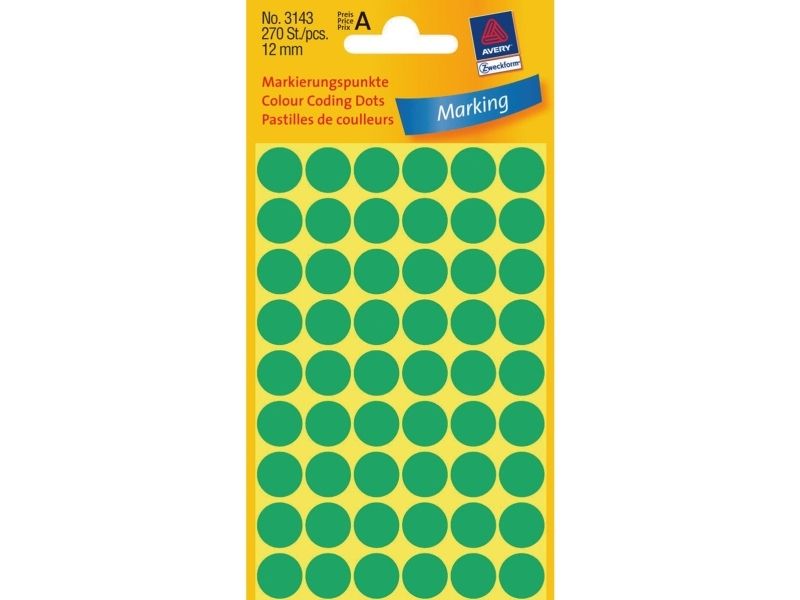 Etiket Avery Zweckform grøn Ø12 mm - (5 ark x 54 stk.)