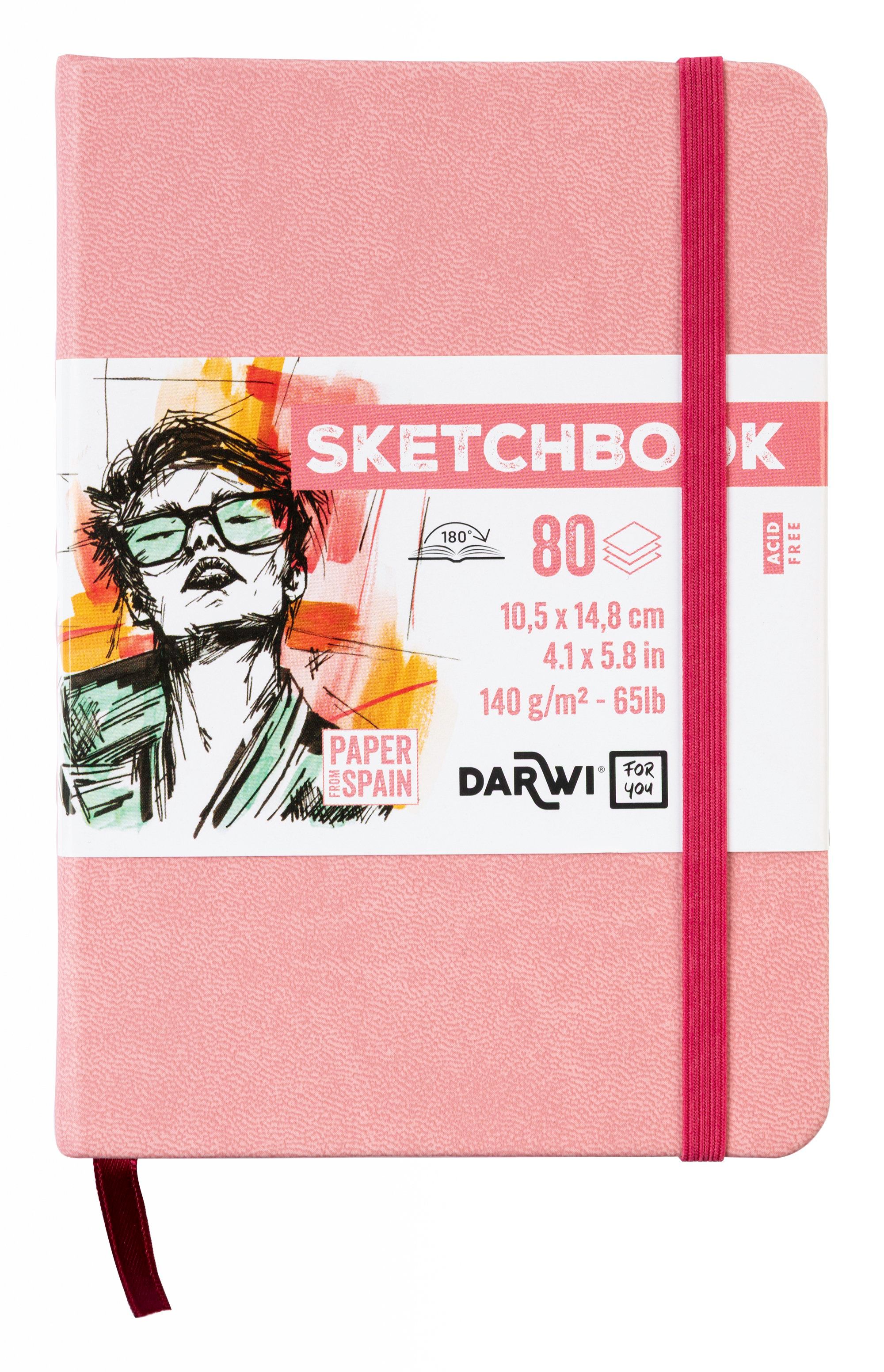 Darwi Skizzenbuch A6, Weicher Rosafarbener Einband (10,5X14,8Cm) 80 Blatt Weißes, 140G Schweres Skizzenpapier, Kunstledereinband, Gummiverschluss Und