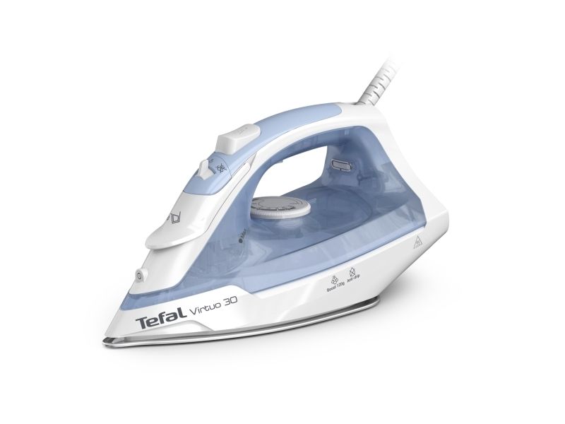 Tefal Virtuo 30 Fv2c41e0, Trocken- & Dampfbügeleisen, Keramik-Bügelsohle, 1,9 M, 120 G/Min, Blau, Weiß, 27 G/Min