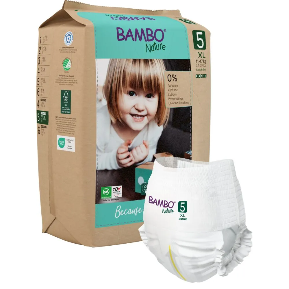 Børneble, bukseble, miljømærket, Bambo Nature Pants, 5, papirspose, paper bag, 11-17 kg - (5 pakker x 19 stk.)