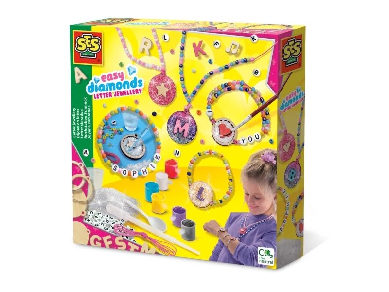 SES Creative Easy diamonds - Buchstaben Schmuck, Schmuck-Bastelset für Kinder, 6 Jahr(e), Karton, Mehrfarbig