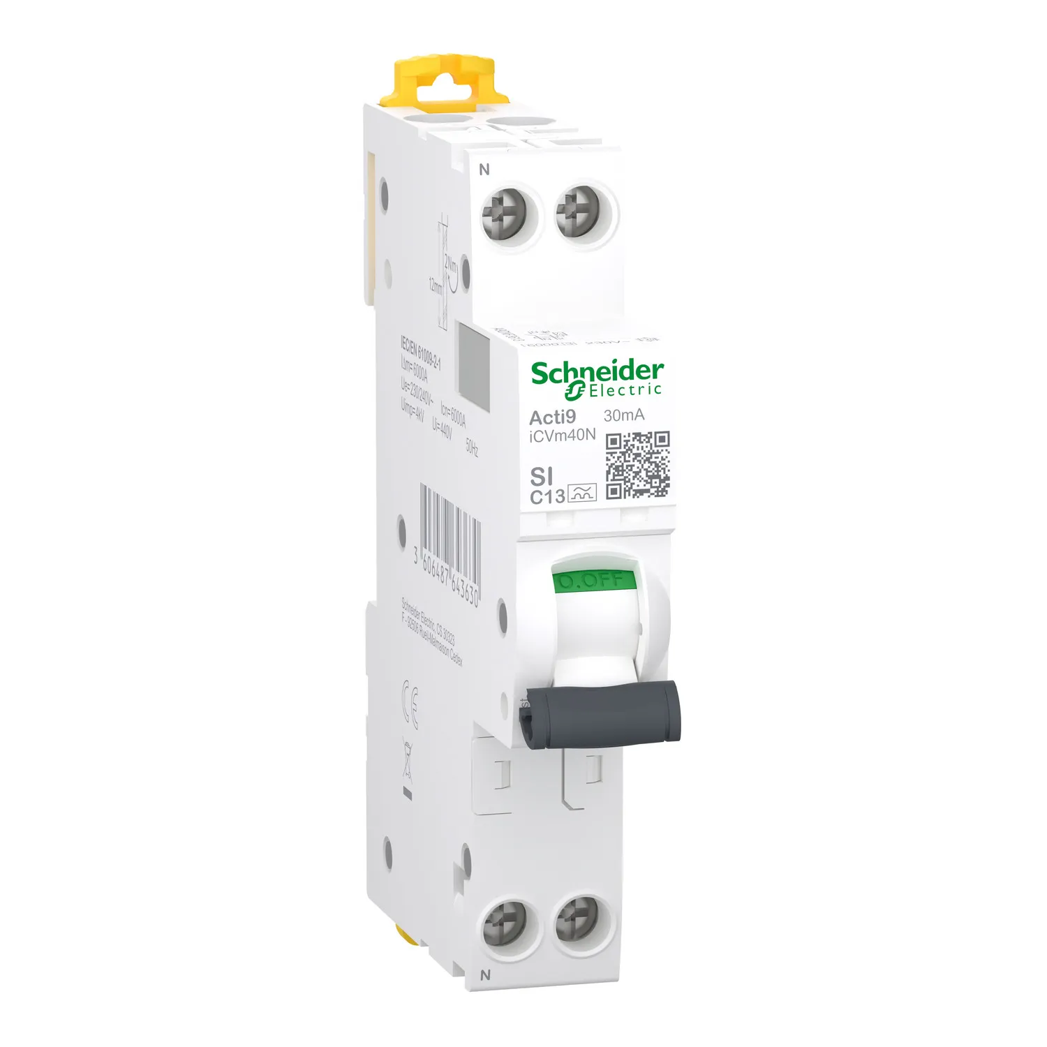 Schneider Electric FI/LS Acti9 iCVm40N, Residual-current device with overcurrent protection (RCBO), Type C, 6000 A, IP20, IP40