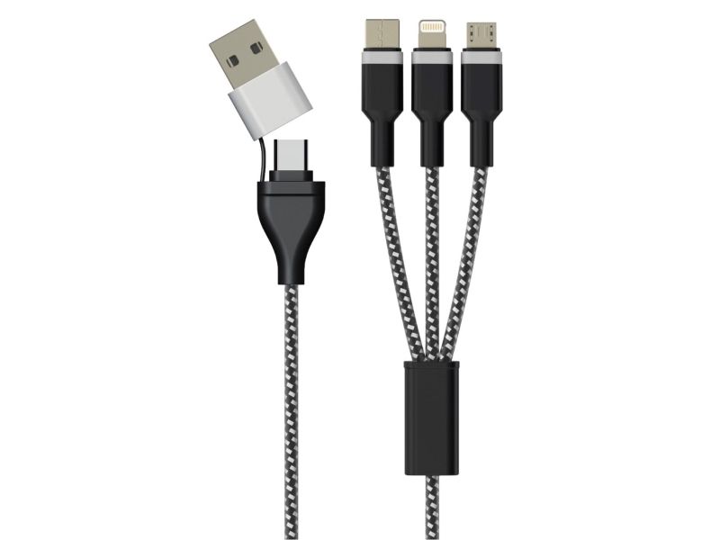 Sinox ULTRA 6-i-1 kabel med Lightning, USB C og Micro USB. 1m. Braided, 1 m, USB C, USB C/Micro-USB B/Lightning, USB 2.0, 0,48 Gbit/sek., Sort