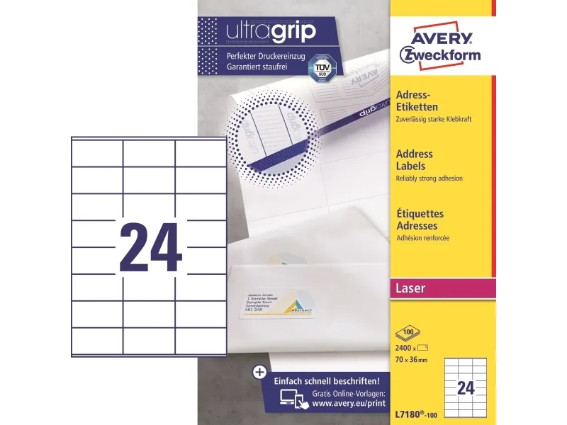 Adresseetiketter, Avery L7180-100, 70 x 36 mm, 24 pr. ark, 100 ark | Papper & Emballage - Taggar - Laseretiketter | GameStuff
