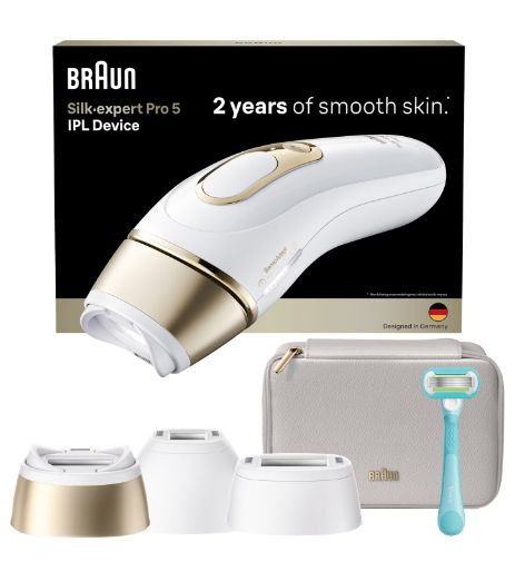 Braun Silk-expert Pro Silk expert Pro 5, Intenst pulserende lys (IPL), Hvid, Guld, Vekselstrøm, 100 - 240 V, 50/60 Hz, 70 mm