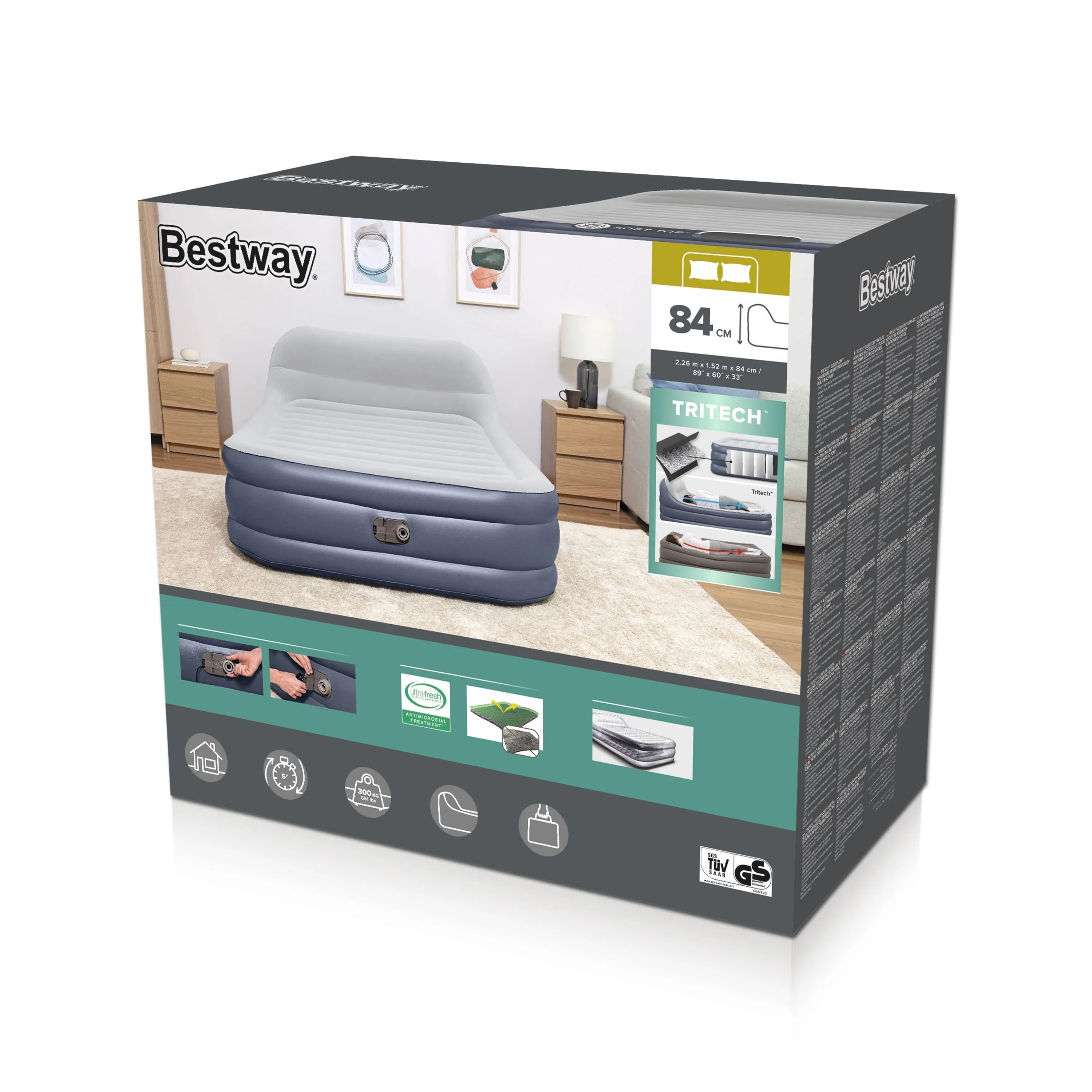 Bestway 67923 / 23, Dubbelmadrass, Queen size-s&auml;ng, Rektangel, inomhus, Inbyggd luftpump