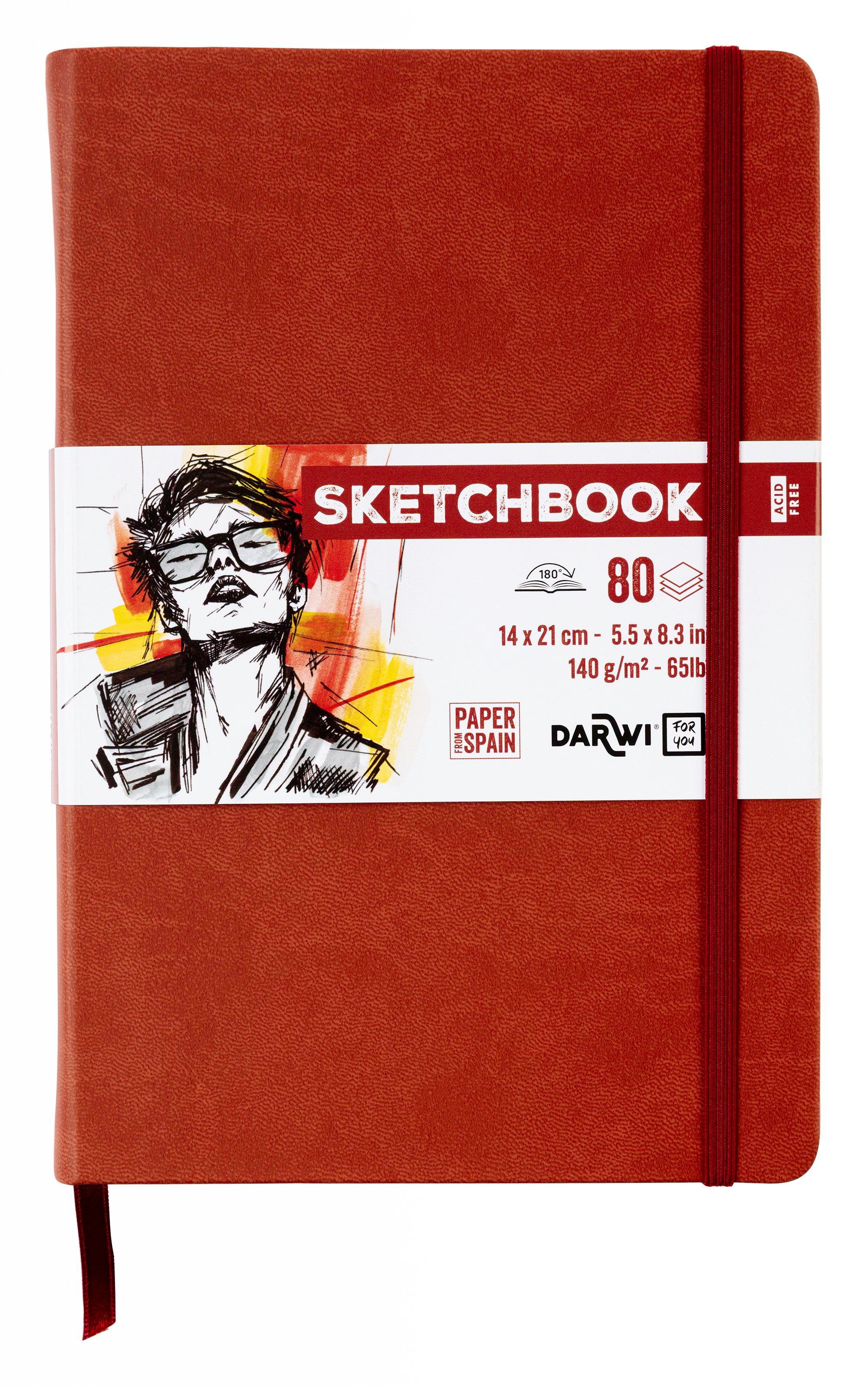 Darwi Skizzenbuch, Terrakottafarbener Einband A5 (14X21cm) 80 Blatt Weißes, 140G Schweres Skizzenpapier, Kunstledereinband, Elastischer Verschluss Un