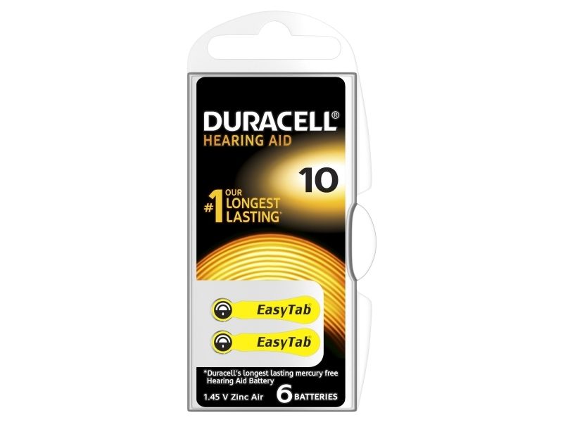 Duracell Hearing Aid 10, Single-Use Battery, Zinc-Air, 1.45 V, 6 Pc(S)