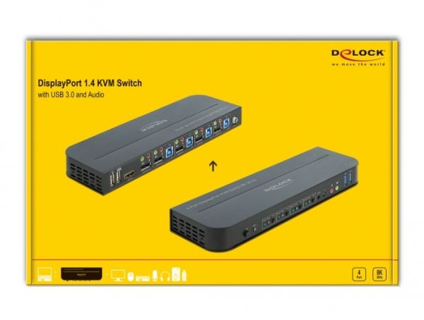 Delock DisplayPort 1.4 KVM Switch 8K 30 Hz with USB 3.0 and Audio - Omkopplare för tangentbord/video/mus/ljud/USB - 4 x KVM/ljud/USB - 1 lokal användare - skrivbordsmodell | Datortillbehör - KVM & Switchar - Switchar | GameStuff