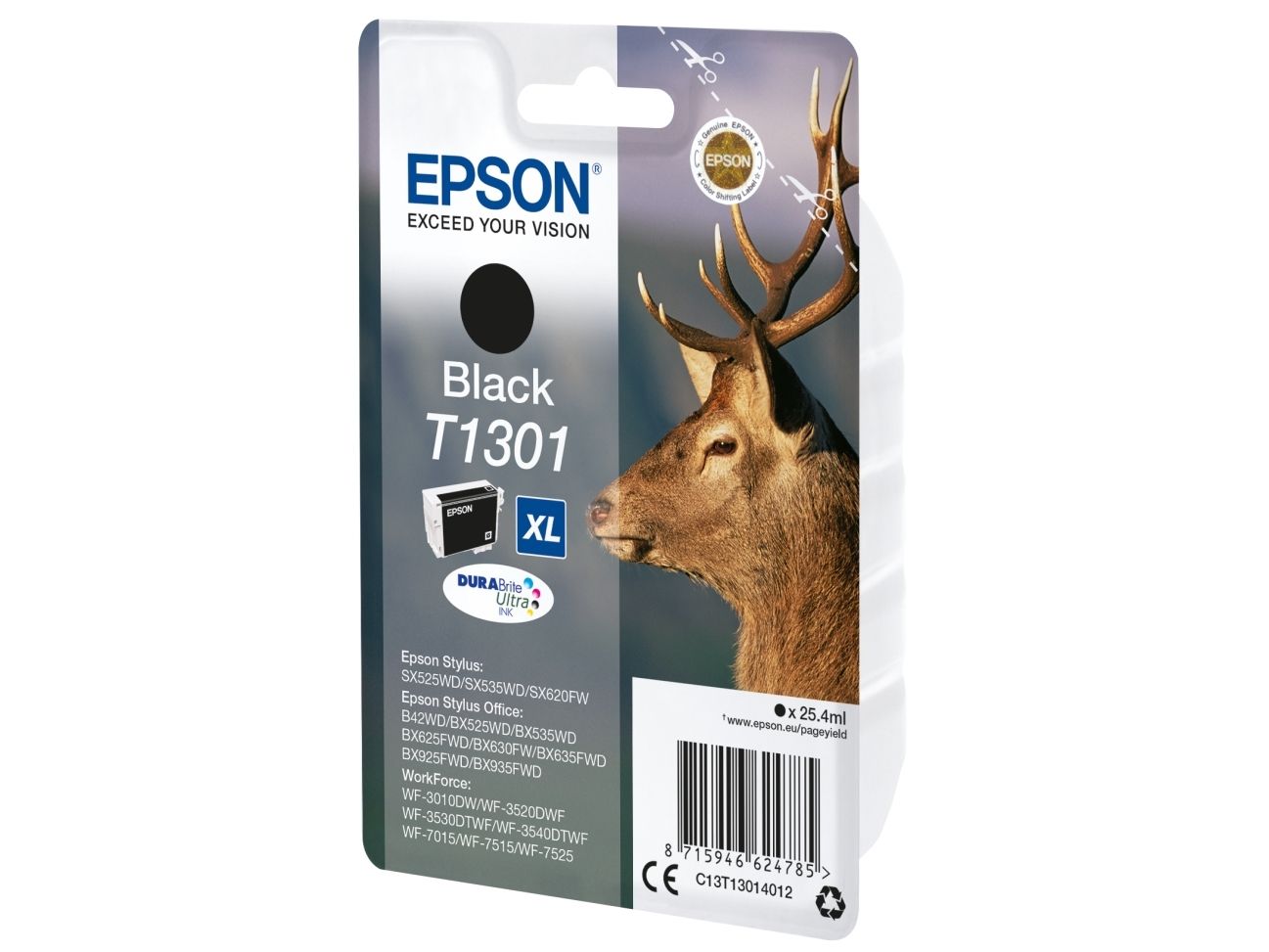 Epson Stag Singlepack Black T1301 Durabrite Ultra Ink, Hohe (Xl-) Ausbeute, Tinte Auf Pigmentbasis, 25,4 Ml, 25,4 Ml, 945 Seiten, 1 Stück(E)