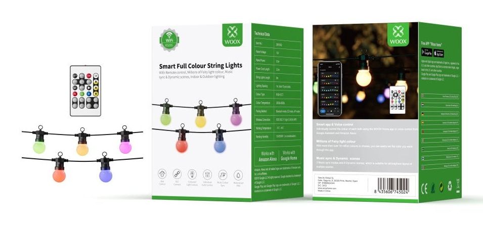 Woox Smart LED-guirlande, RGB + CCT, Wi-Fi, IP65 fugtbestandig, 9 m, med valgfri fjernbetjening