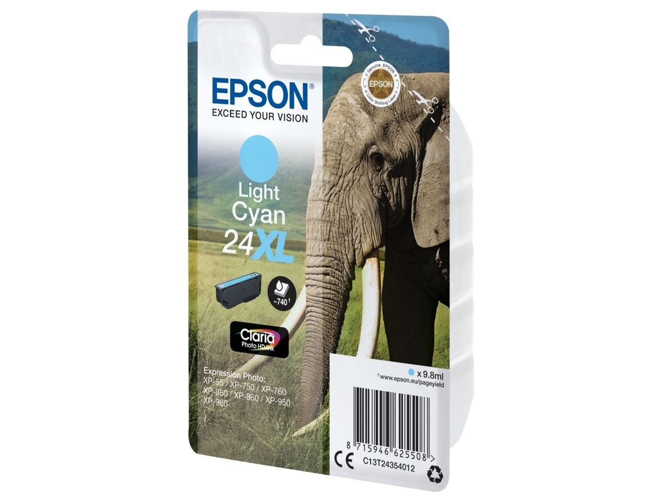 Epson 24XL - 9.8 ml - XL - Light Cyan - original - blækpatron - for Expression Photo XP-55, 750, 760, 850, 860, 950, 960, 970  Expression Premium XP-750, 850
