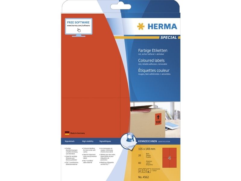 Herma 4562, Rød, Rektandel, A4, Universel, Mat, Laser/Inkjet