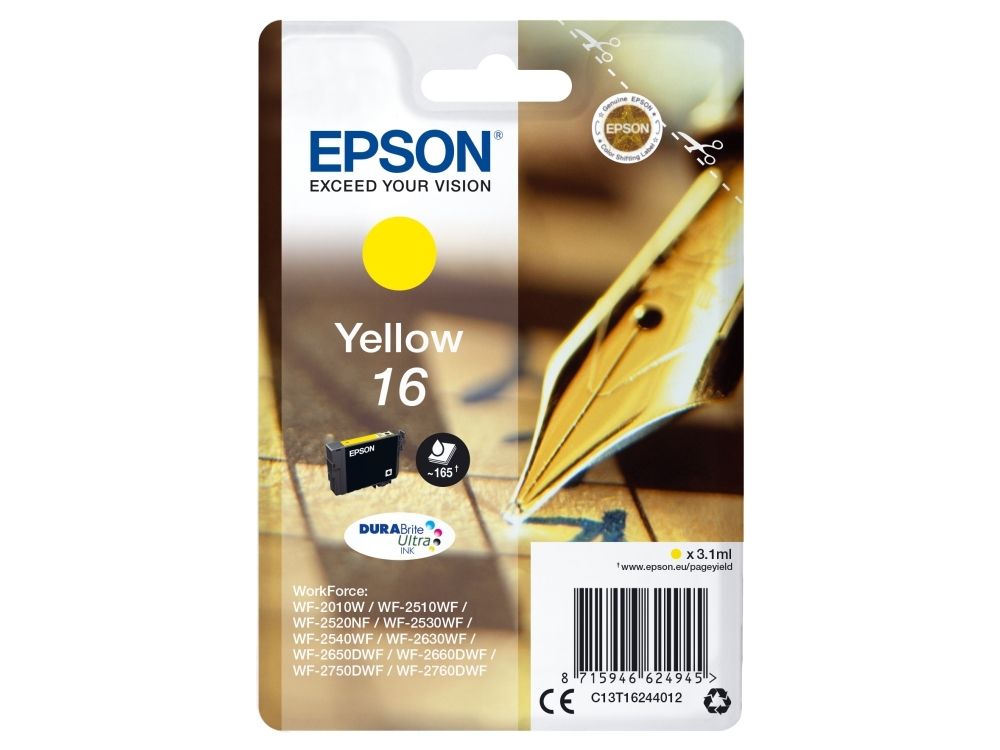 Epson 16 - 3.1 Ml - Gul - Original - Blækpatron - For Workforce Wf-2010, Wf-2510, Wf-2520, Wf-2530, Wf-2540, Wf-2630, Wf-2650, Wf-2660, Wf-2750