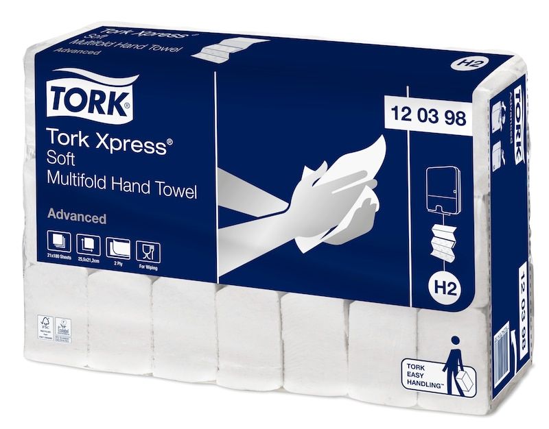 Håndklædeark Tork Xpress Soft H2 Z-Fold 2-lag L25.5xB21.2xD8.5cm Genbrug Hvid,21 pk x 180 stk/krt